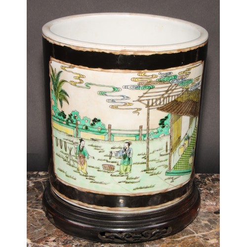 396 - A large Chinese bitong brush pot, painted in polychrome with silk makers at work, on a noir ground, ... 