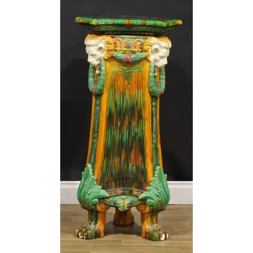 282 - A neoclassical design majolica jardiniere stand or pedestal, impressed to underside IV 2 BRP, 101cm ... 