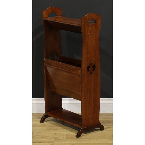 364 - An Edwardian Art Nouveau mahogany periodical stand, the sides pierced with organic motifs, sledge ba... 