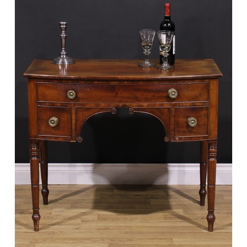 366 - A Post-Regency mahogany bowfront side table, slightly oversailing top above three cockbeaded drawers... 