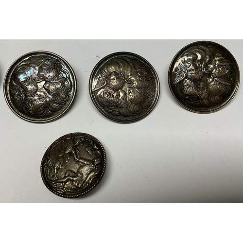 423 - A pair of late Victorian silver buttons, embossed with a couple dancing, Berthold Muller, Chester 19... 