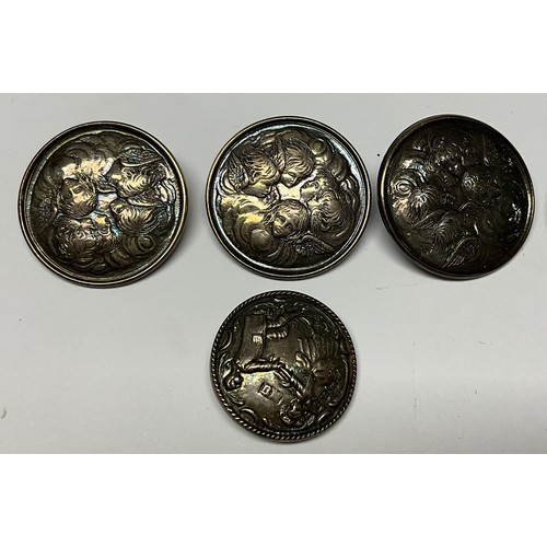 423 - A pair of late Victorian silver buttons, embossed with a couple dancing, Berthold Muller, Chester 19... 