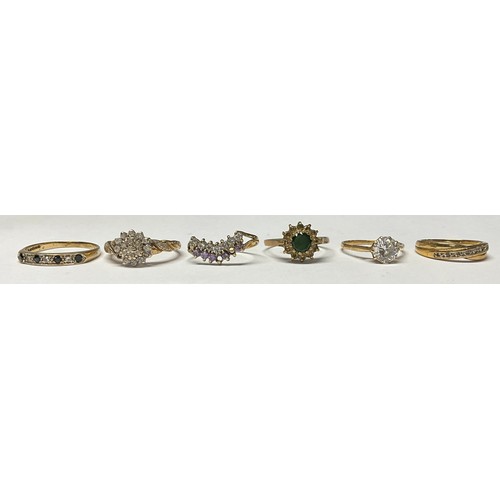 432 - A 9ct gold cluster dress ring, set with green and white stones, size O, marked 375, 1.8g; five other... 