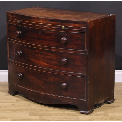 377 - A George III mahogany bowfront bachelor’s chest, caddy top above a slide and three long graduated co... 