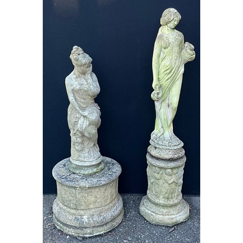 442 - A reconstituted stone garden figure and plinth, Classical female, 118cm high overall; another, on as... 