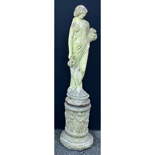 442 - A reconstituted stone garden figure and plinth, Classical female, 118cm high overall; another, on as... 