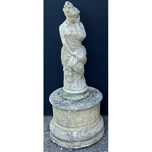 442 - A reconstituted stone garden figure and plinth, Classical female, 118cm high overall; another, on as... 