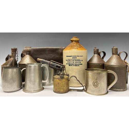 450 - Railway Interest - spirit cans including LMS, originally from Derby Railway Works; a brown leather s... 