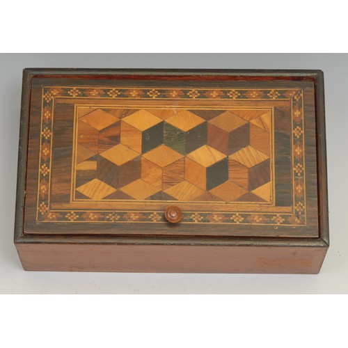 530 - A 19th century Tunbridge ware and rosewood rectangular work box, hinged cover inlaid with tumbling b... 