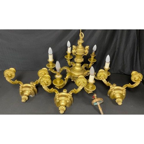 533 - A Neoclassical style six branch bronzed effect chandelier or electrolier, the central support column... 