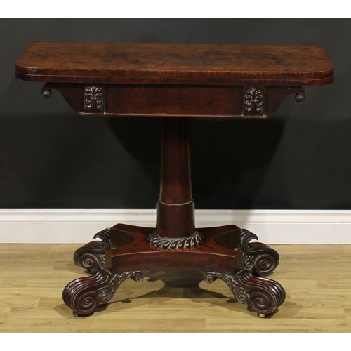 374A - A George IV mahogany card table, possibly Scottish, hinged top enclosing a baize lined playing surfa... 