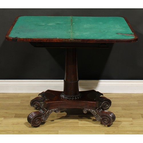 374A - A George IV mahogany card table, possibly Scottish, hinged top enclosing a baize lined playing surfa... 