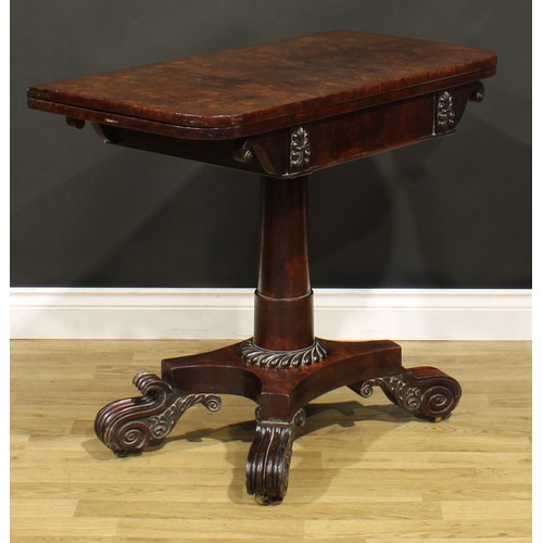 374A - A George IV mahogany card table, possibly Scottish, hinged top enclosing a baize lined playing surfa... 