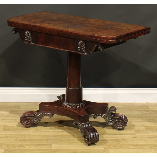 374A - A George IV mahogany card table, possibly Scottish, hinged top enclosing a baize lined playing surfa... 