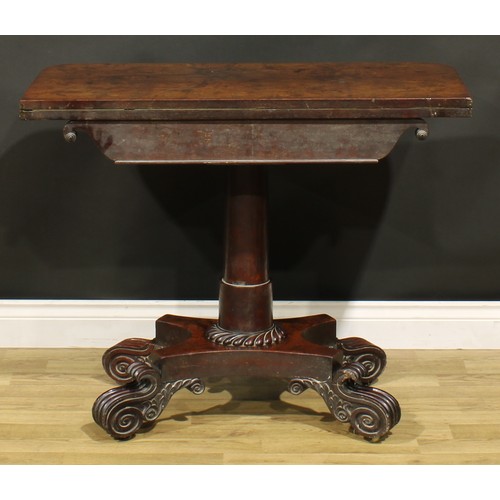 374A - A George IV mahogany card table, possibly Scottish, hinged top enclosing a baize lined playing surfa... 