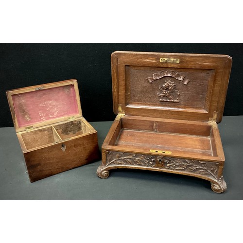 57 - A late 19th century carved oak cigar box, c.1900; a George III mahogany rectangular tea caddy, c.181... 