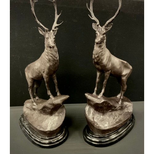 64 - Jules Moigniez (28 May 1835 – 29 May 1894)  after, a pair of spelter model stags, on marble plinths,... 