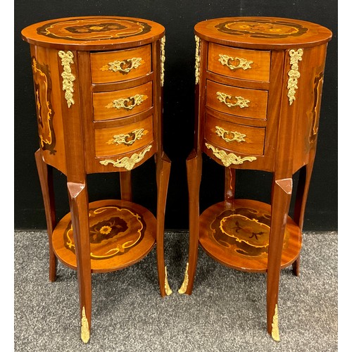 67 - A pair of Louis XV style marquetry inlaid bedside cabinets, 75.5cm high x 33cm diameter, contemporar... 