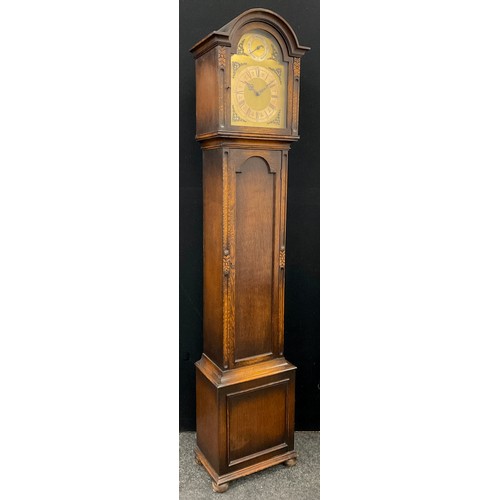 69 - A George III style oak longcase clock, arch-topped hood, with hinged door to the brass dial, Roman n... 