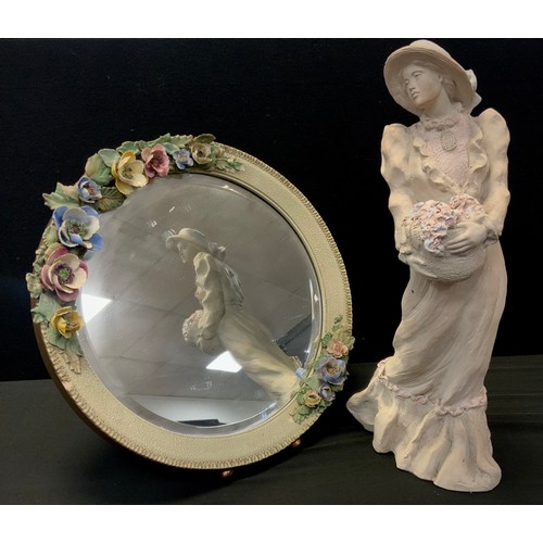 73 - A large Alice Heath figure, as a girl with basket of flowers, 48cm high;  a Barolo floral mirror, ea... 