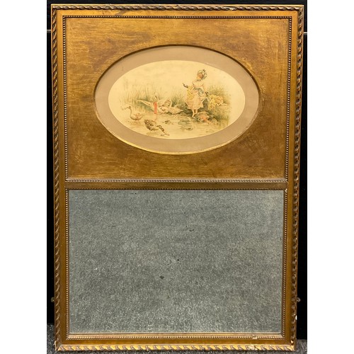 83 - A 19th century French Trumeau over mantle or pier mirror, the top section with oval print of a Girl ... 