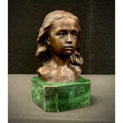 85 - A bronzed metal bust of girl mounted on marbleised plinth, 16cm high