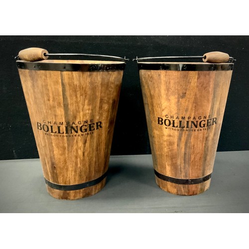 92 - A pair of tall wooden wine buckets, marked 'Champagne Bollinger', 40cm high