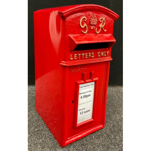 97 - A George VI style cast iron Post Office letter box, painted red with gold painted lettering, 58.5cm ... 