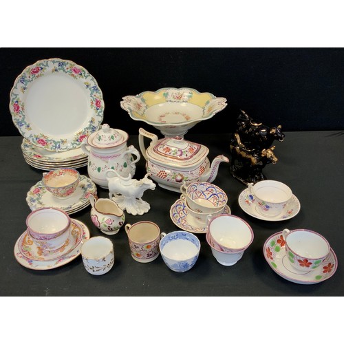 108 - A 19th century Staffordshire teapot, cups and saucers, Minton, plate, Jack field and other Cow Cream... 