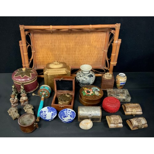 113 - A Buddhist prayer wheel,  Chinese blue and white vase,  cinnabar box, miniature bronze pestle etc