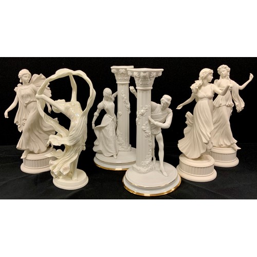 126 - Figures including; a pair of  Franklin Mint The Romeo and Juliet collection candlesticks,26cm high, ... 