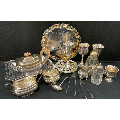 128 - Metal ware - silver plate including; a three piece plated tea set, other plated wares, brass Chinese... 