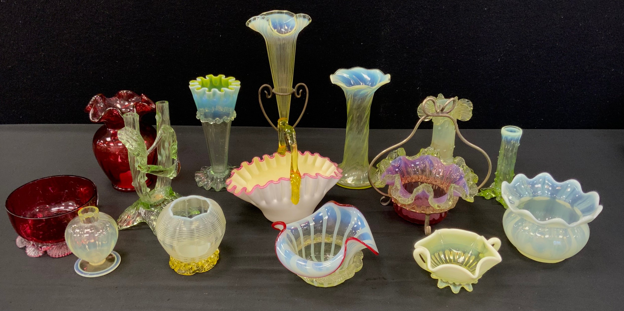 A Victorian Uranium Vaseline glass single branch epergne, others vases ...