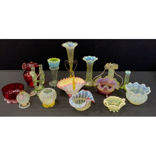 130 - A Victorian Uranium Vaseline glass  single branch epergne,  others vases, cranberry and Vaseline wav... 