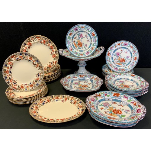 154 - A 19th century Ironstone pottery Indian tree style part dessert set, inc twin handle comport, oval, ... 