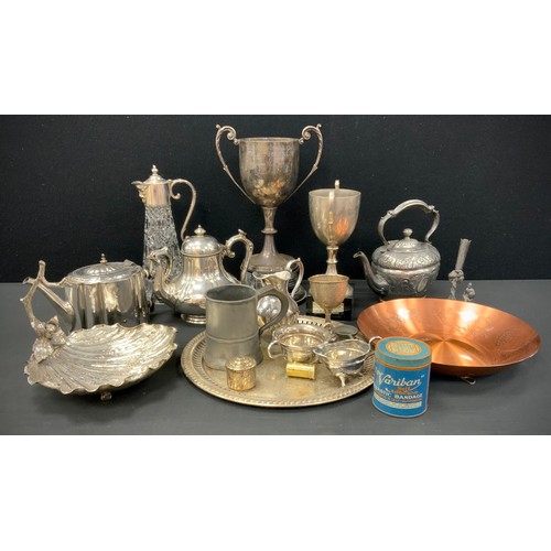 168 - A Victorian silver plated grape stand,  teapots, claret jug, Varican advertising tin, copper Zodiac ... 