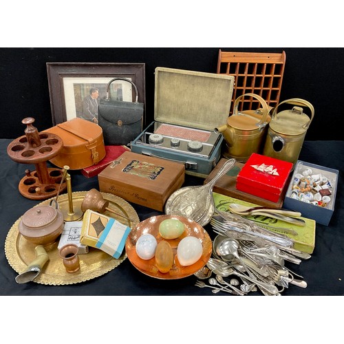 181 - Boxes and objects - 1950’s radio, brass watering can, copper lidded caddy, cigar boxes, playing card... 