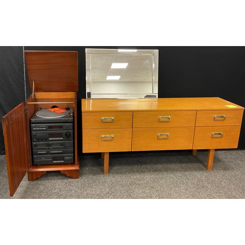 190 - A 1970’s teak sideboard, 64.5cm high x 149.5cm wide x 44.5cm deep;  JVC hifi system with turntable, ... 