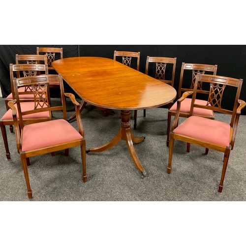 194 - A George III style mahogany D-end pedestal dining table with set of eight dining chairs (six chairs ... 