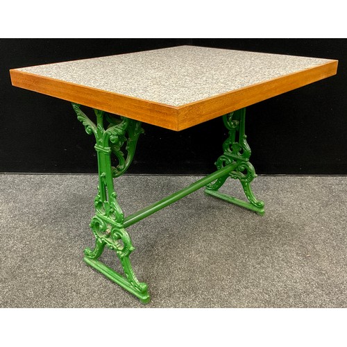 219 - A marble-top table, Coalbrookdale style cast iron base, painted green, 75cm high x 93.5cm x 78.5cm.