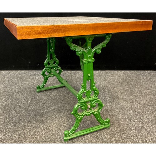 219 - A marble-top table, Coalbrookdale style cast iron base, painted green, 75cm high x 93.5cm x 78.5cm.