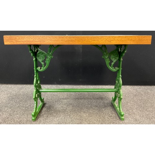 219 - A marble-top table, Coalbrookdale style cast iron base, painted green, 75cm high x 93.5cm x 78.5cm.