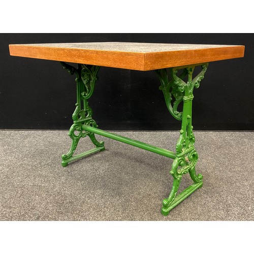 221 - A marble-top table, Coalbrookdale style cast iron base, painted green, 75cm high x 93.5cm x 78.5cm.