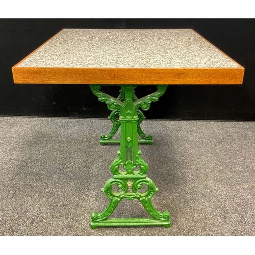 221 - A marble-top table, Coalbrookdale style cast iron base, painted green, 75cm high x 93.5cm x 78.5cm.