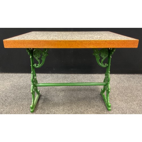 221 - A marble-top table, Coalbrookdale style cast iron base, painted green, 75cm high x 93.5cm x 78.5cm.