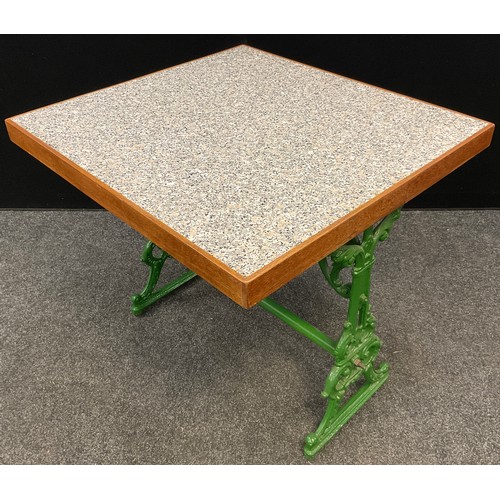 224 - A marble-top table, Coalbrookdale style cast iron base, painted green, 75cm high x 85cm x 78.5cm.