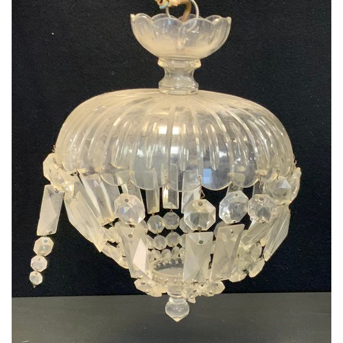 244 - A cut glass multi droplet ceiling light chandelier, circular body, 25cm dimeter, 36cm drop