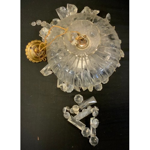 244 - A cut glass multi droplet ceiling light chandelier, circular body, 25cm dimeter, 36cm drop