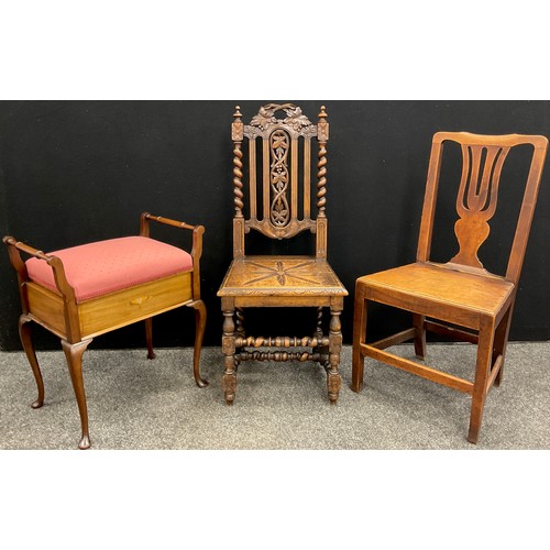 246 - A Victorian carved oak hall chair;  a 19th century elm kitchen chair;  an Edwardian piano seat, (3).