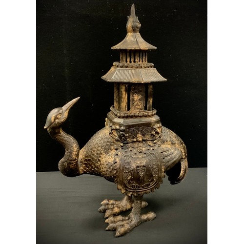 252 - A bronzed metal three piece Chinese bird censer, 47cm high